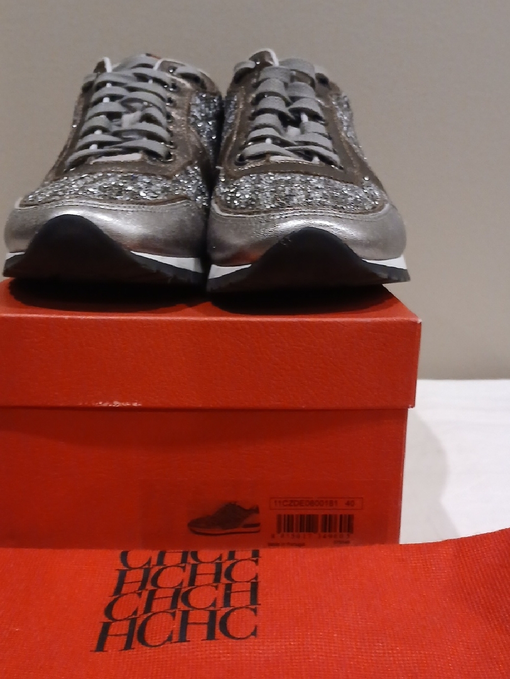 Carolina Herrera Women's Silver Glitter Lace-Up Sneakers